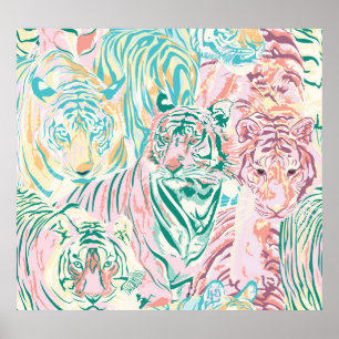 Pastel Färg Tiger Art Mönster Poster