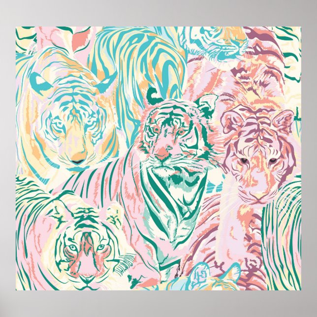 Pastel Färg Tiger Art Mönster Poster (Framsidan)