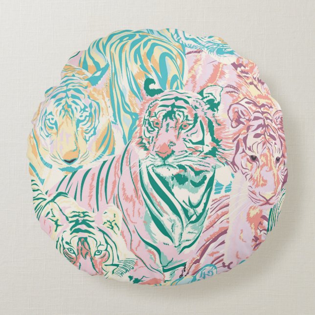 Pastel Färg Tiger Art Mönster Rund Kudde (Framsidan)