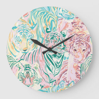 Pastel Färg Tiger Art Mönster Stor Klocka