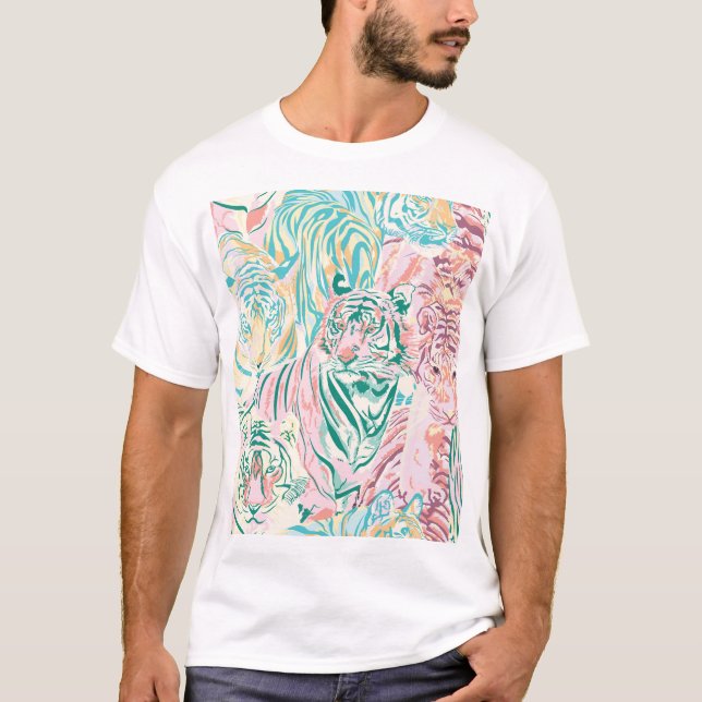 Pastel Färg Tiger Art Mönster T Shirt (Framsida)
