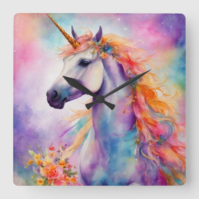 Pastel Färg Unicorn Fyrkantig Klocka (Framsida)