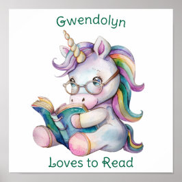 Pastel Färg Unicorn Reading Teal Text Poster