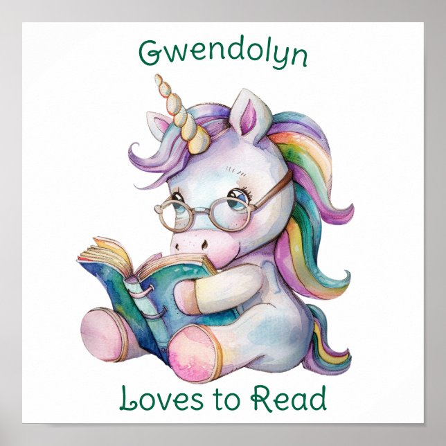 Pastel Färg Unicorn Reading Teal Text Poster (Framsidan)