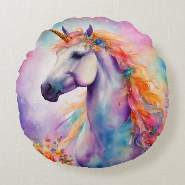 Pastel Färg Unicorn Rund Kudde (Framsidan)