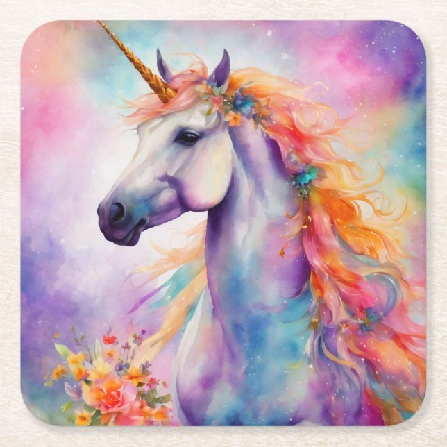Pastel Färg Unicorn Underlägg Papper Kvadrat (Framsidan)