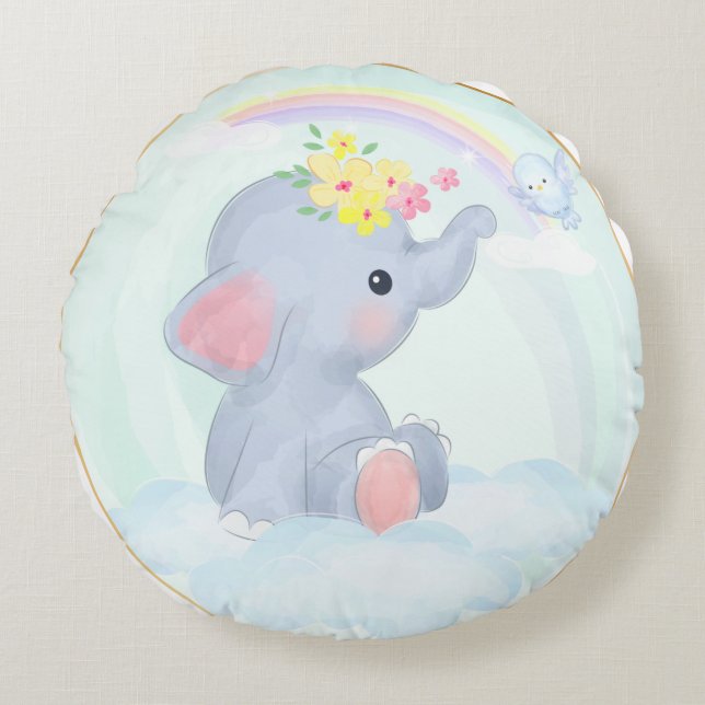 PASTEL FÄRGAD CUTE BABY ELEPHANT RUND KUDDE (Framsidan)