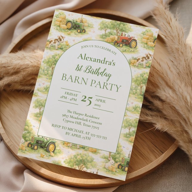Pastel Farm Tractor Barnyard 1st Birthday Inbjudningar (Skapare uppladdad)