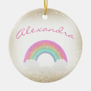 Pastel Faux Glitter Rainbow med eget namn Julgransprydnad Keramik