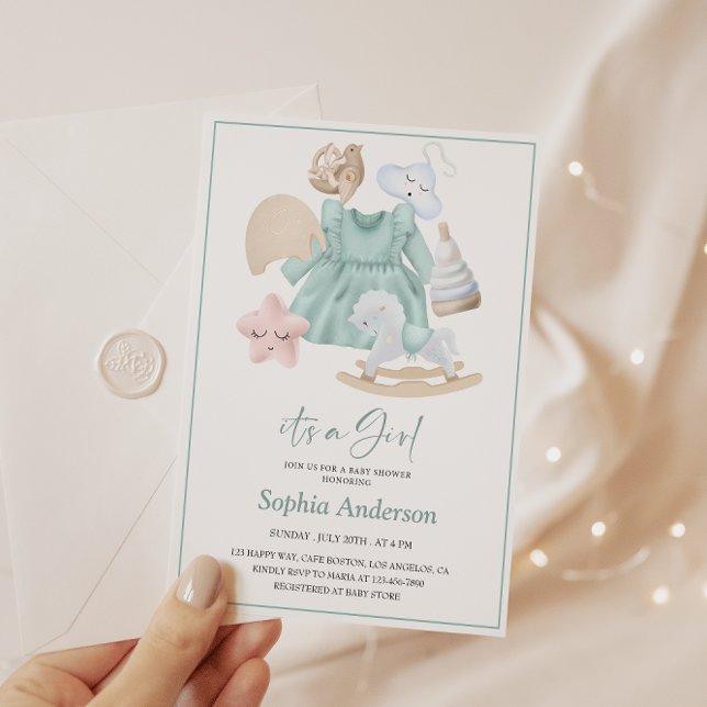 Pastel Flicka Shower med mjuk blå klänning Inbjudningar (Skapare uppladdad)