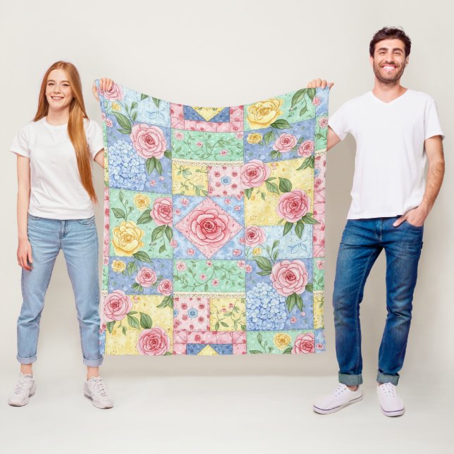 Pastel Floral Patchwork Picnic Pattern (10) Fleecefilt (På plats)