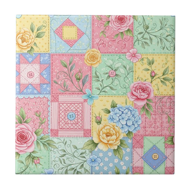 Pastel Floral Patchwork Picnic Pattern (10) Kakelplatta (Framsidan)