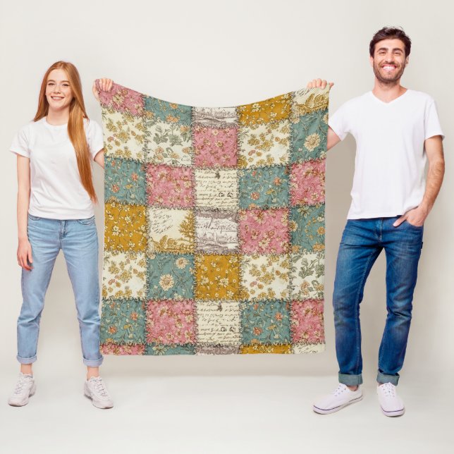 Pastel Floral Patchwork Picnic Pattern (12) Fleecefilt (På plats)