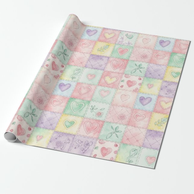 Pastel Floral Patchwork Picnic Pattern (3) Presentpapper (Utrullad)