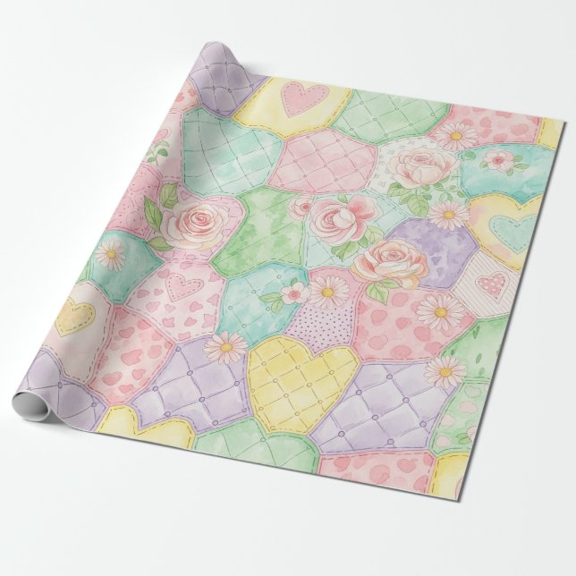 Pastel Floral Patchwork Picnic Pattern (4) Presentpapper (Utrullad)