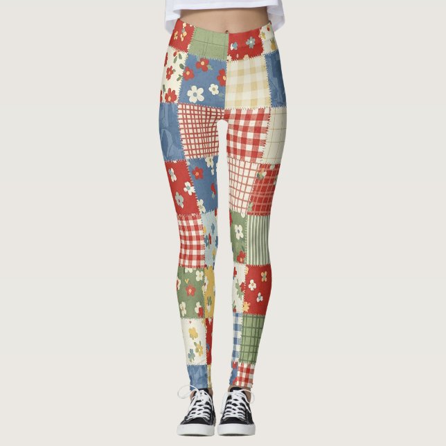 Pastel Floral Patchwork Picnic Pattern (9) Leggings (Framsida)