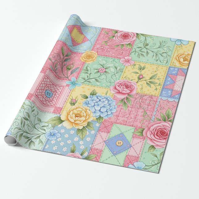 Pastel Floral Patchwork Picnic Pattern (9) Presentpapper (Utrullad)