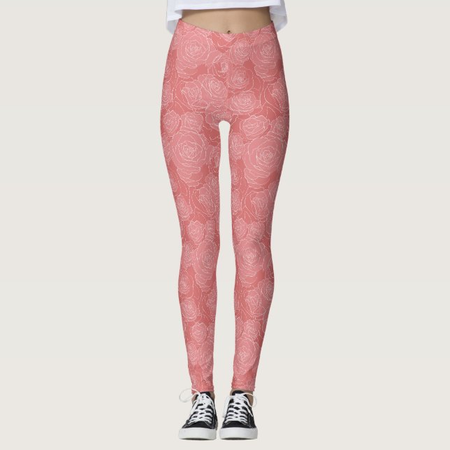 Pastel Floral Pattern | Soft Rose Line Art  Leggings (Framsida)