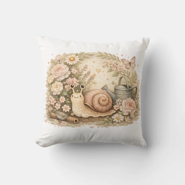 Pastel Floral Snail Aesthetic Garden Throw Pillow Kudde (Framsida)