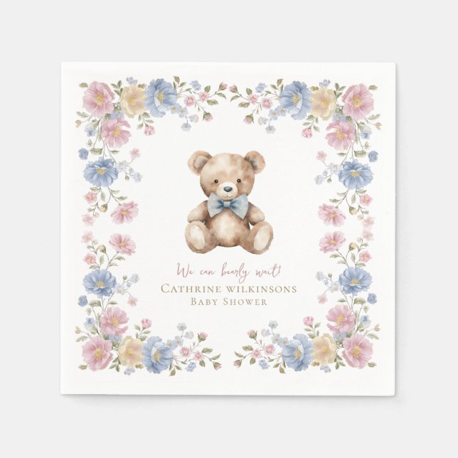 Pastel Floral Teddy Bear Baby Shower Napkins Pappersservett (Framsidan)
