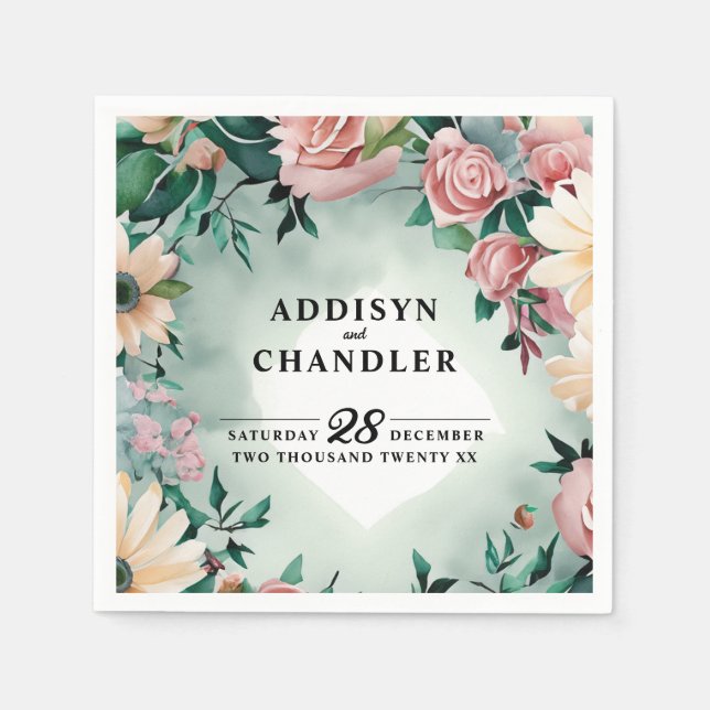 Pastel Flower Elegance: Sage Grönt Blommigt Bröllo Pappersservett (Framsidan)