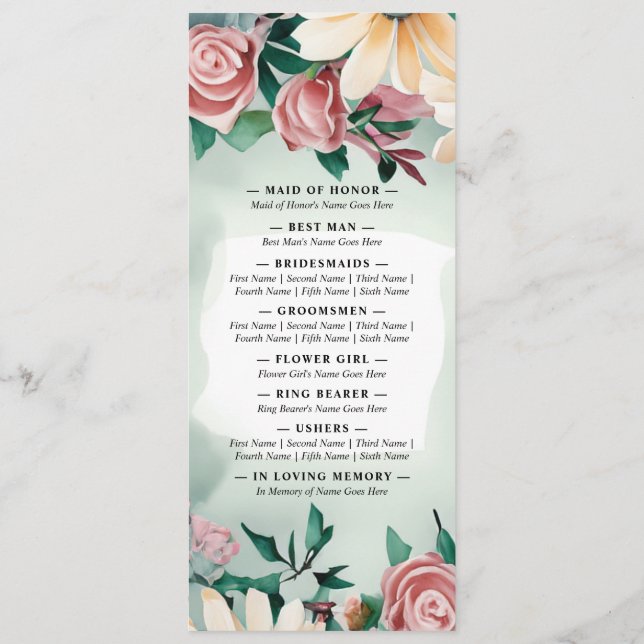 Pastel Flower Elegance: Sage Grönt Blommigt Bröllo Program (Baksida)