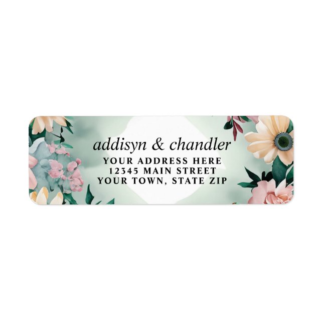 Pastel Flower Elegance: Sage Grönt Blommigt Bröllo Returadress Etikett (Framsidan)