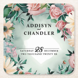 Pastel Flower Elegance: Sage Grönt Blommigt Bröllo Underlägg Papper Kvadrat