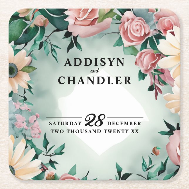 Pastel Flower Elegance: Sage Grönt Blommigt Bröllo Underlägg Papper Kvadrat (Framsidan)