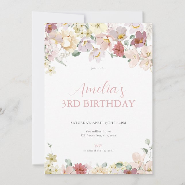 Pastel Flower Girl Blommigt Birthday-inbjudan Inbjudningar (Framsida)
