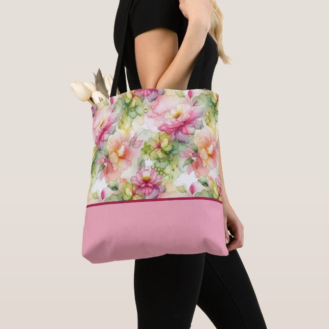Pastel Flowers Alcohol Bläck Färg Block Tote Bag Tygkasse (Närbild)