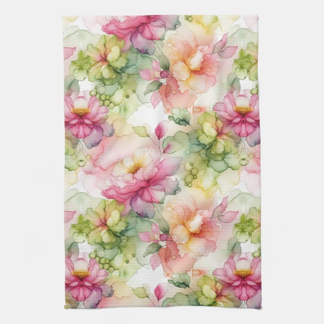 Pastel Flowers Alcohol Bläck Illustration Kökshandduk (Vertikal)