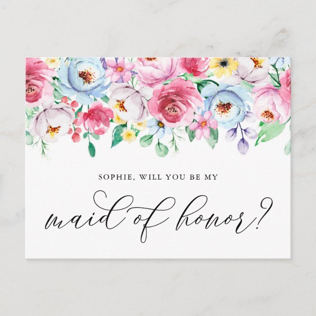 Pastel Flowers blir mitt Maid of honor-kort Vykort (Framsida)