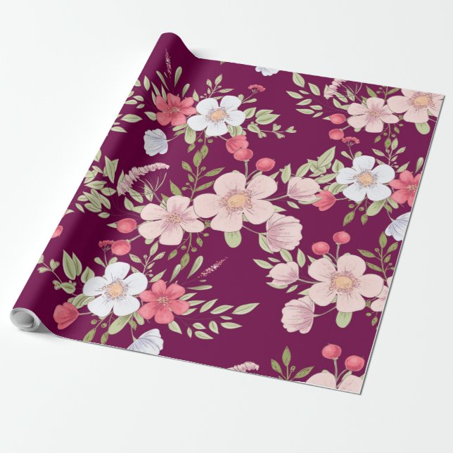 Pastel Flowers Blommigt Skriv ut på Elegant Burgun Presentpapper (Utrullad)