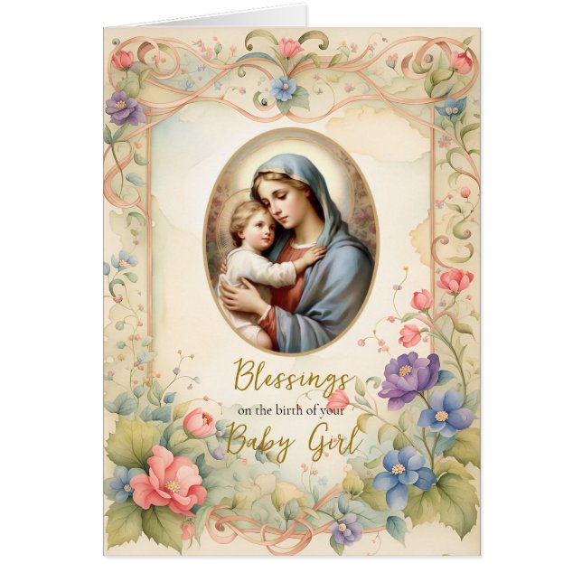 Pastel Flowers Guld Ram Grattis Nyfödd bebis Hälsningskort (Framsidan)