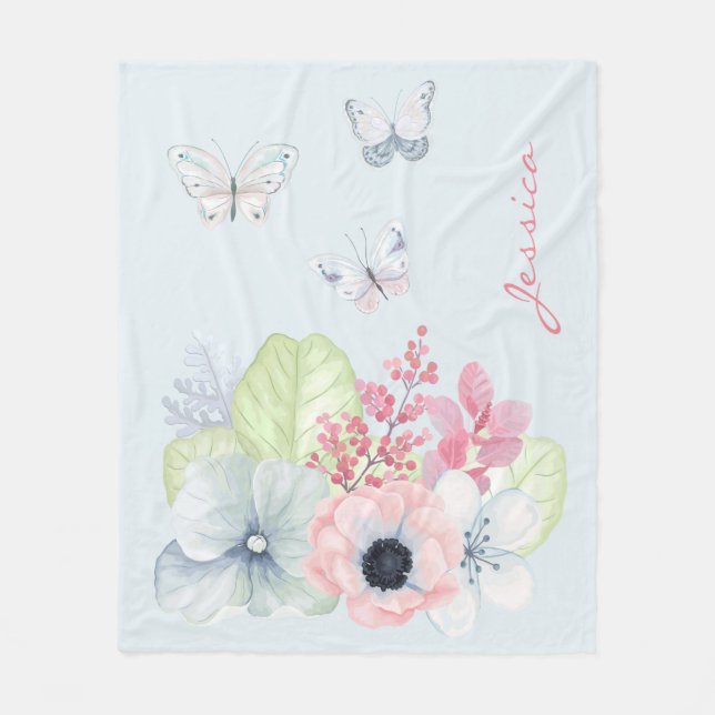 Pastel Flowers och Butterflies Fleece Blanket (Framsidan)