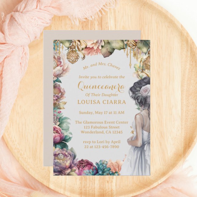 Pastel Flowers Quinceanera, Glamous Guld Gnistra Inbjudningar (Skapare uppladdad)