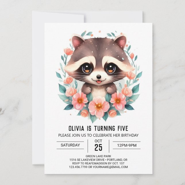Pastel Flowers Raccoon Girl Birthday Inbjudningar (Framsida)