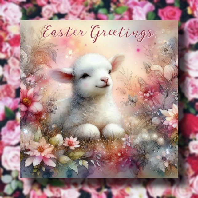 Pastel Flowers Watercolor Lamb Påsk Julkort (Skapare uppladdad)