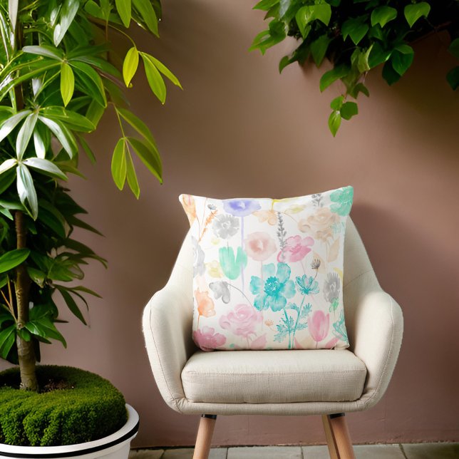 Pastel Flowers Watercolor Teal Rosa Orange Guld Kudde (Skapare uppladdad)