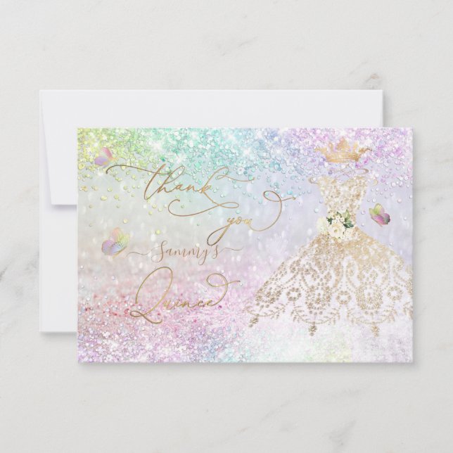 Pastel från Quinceanera White Guld Glitter Tack Kort (Framsida)