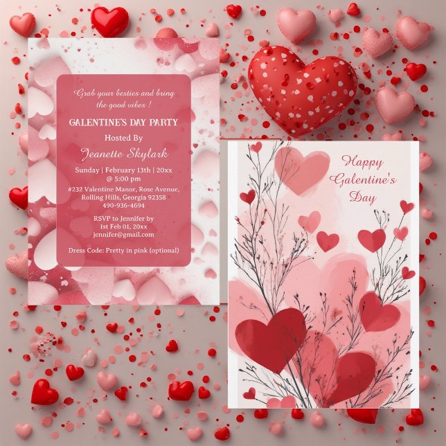 Pastel Galentine's Day Party Hearts Modern Ivory  Inbjudningar (Pastel Galentine's Day Party Hearts Modern Ivory Invitation)