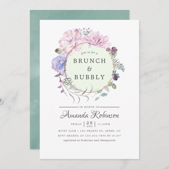 Pastel Geometric Peonies Blommigt Brunch och Bubly Inbjudningar (Fram/baksida)