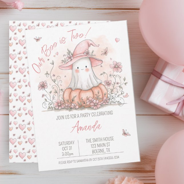 Pastel Ghost Halloween Födelsedag Inbjudningar (Our Boo is Two Halloween Themed Birthday)