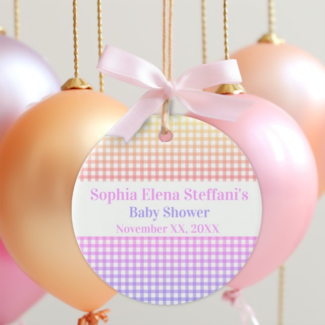 Pastel Gingham Baby Shower Girls Barns födelsedag Julgransprydnad Keramik (Skapare uppladdad)