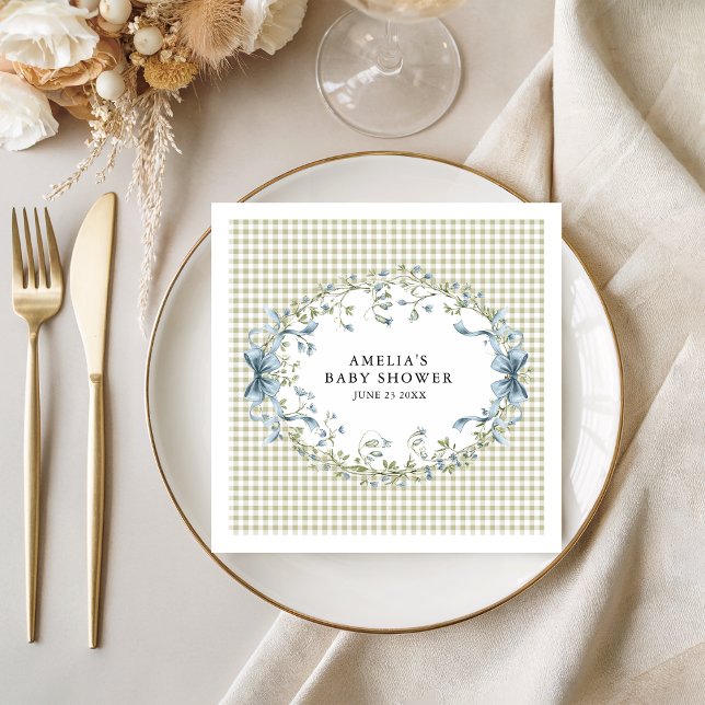 Pastel Gingham Blue Floral Baby Shower Pappersservett (Skapare uppladdad)