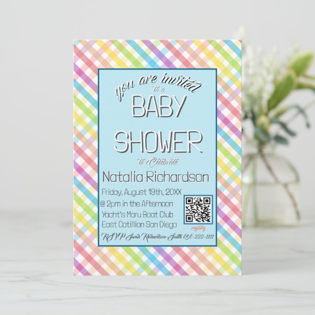 Pastel Gingham Rainbow Baby Shower Blue Inbjudningar (Stående Fram)