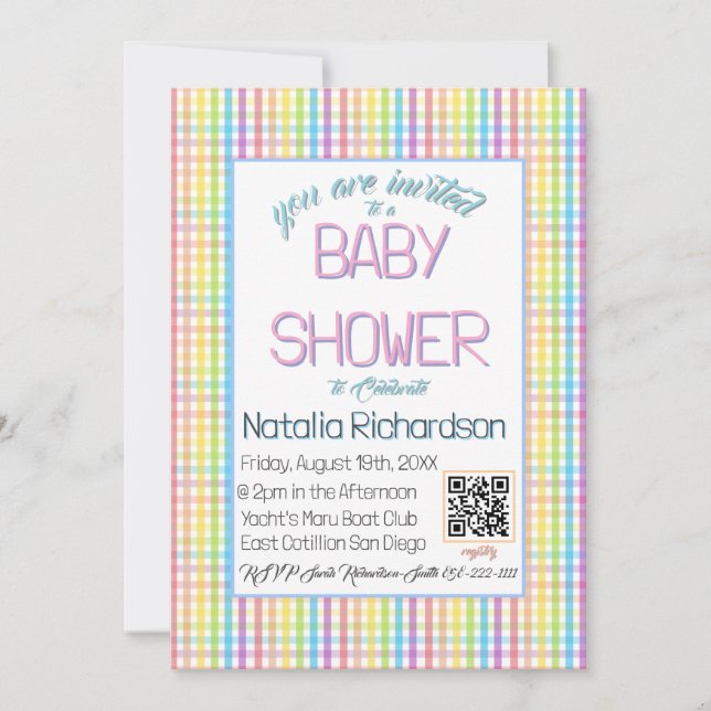 Pastel Gingham Rainbow Baby Shower Inbjudningar (Framsida)