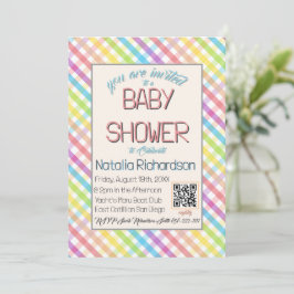 Pastel Gingham Rainbow Baby Shower Pink Inbjudningar