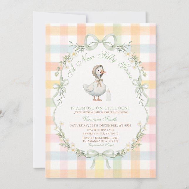 Pastel Gingham Silly Goose Baby SHOWER Invitation Inbjudningar (Framsida)